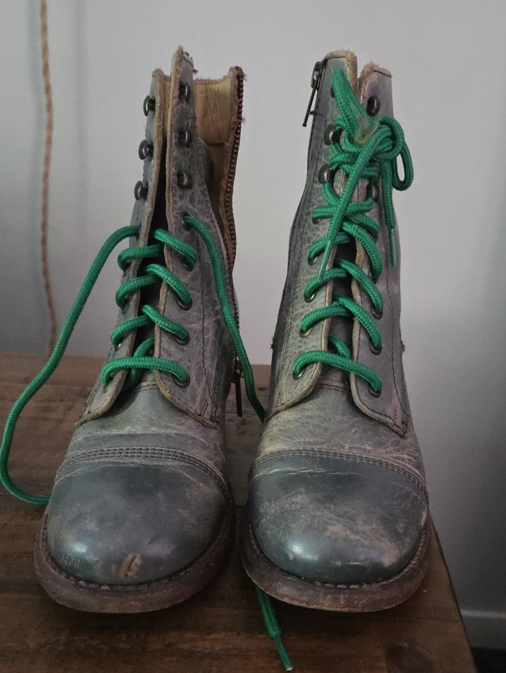 Bed Stu Women's Gray Leather Combat Boots with Green Laces